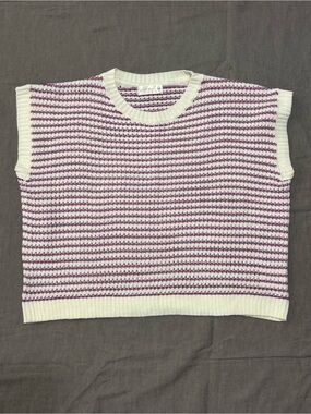 Knit Mix Striped Crewneck Sweater in Cream and Purple